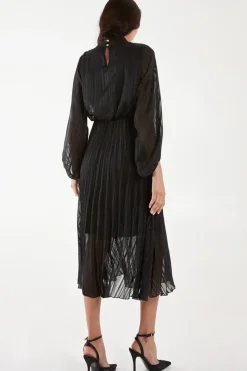 Metallic High Neck Plisse Midi Dress