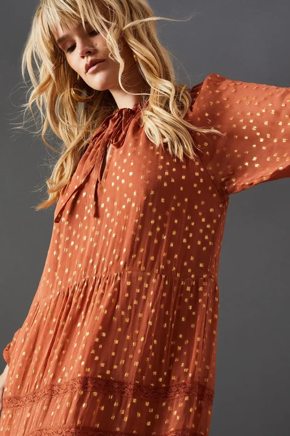 Metallic Jacquard Dobby Lace Insert Midi Smock Dress