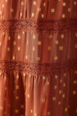 Metallic Jacquard Dobby Lace Insert Midi Smock Dress