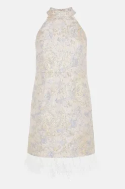 Metallic Jacquard Halter Faux Feather Mini Dress