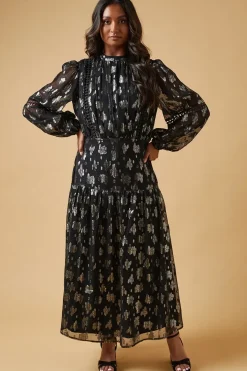 Metallic Jacquard Ladder Insert Midi Dress