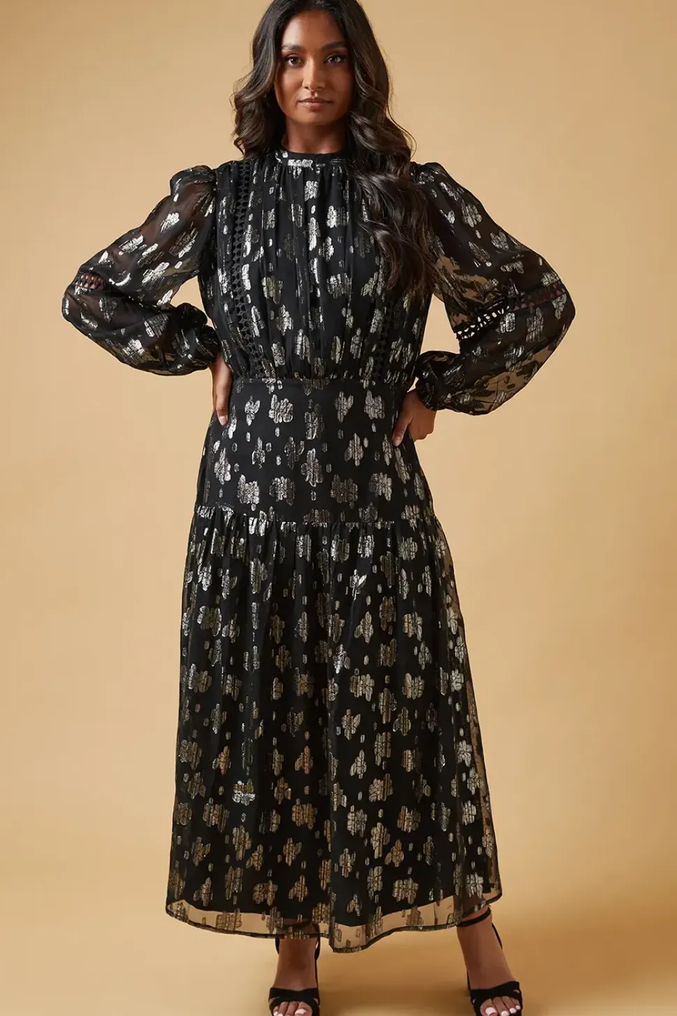 Metallic Jacquard Ladder Insert Midi Dress