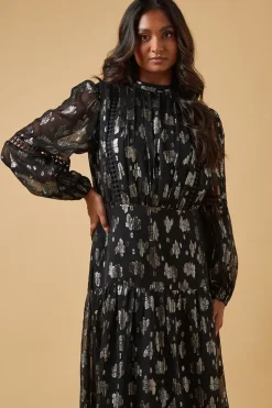 Metallic Jacquard Ladder Insert Midi Dress