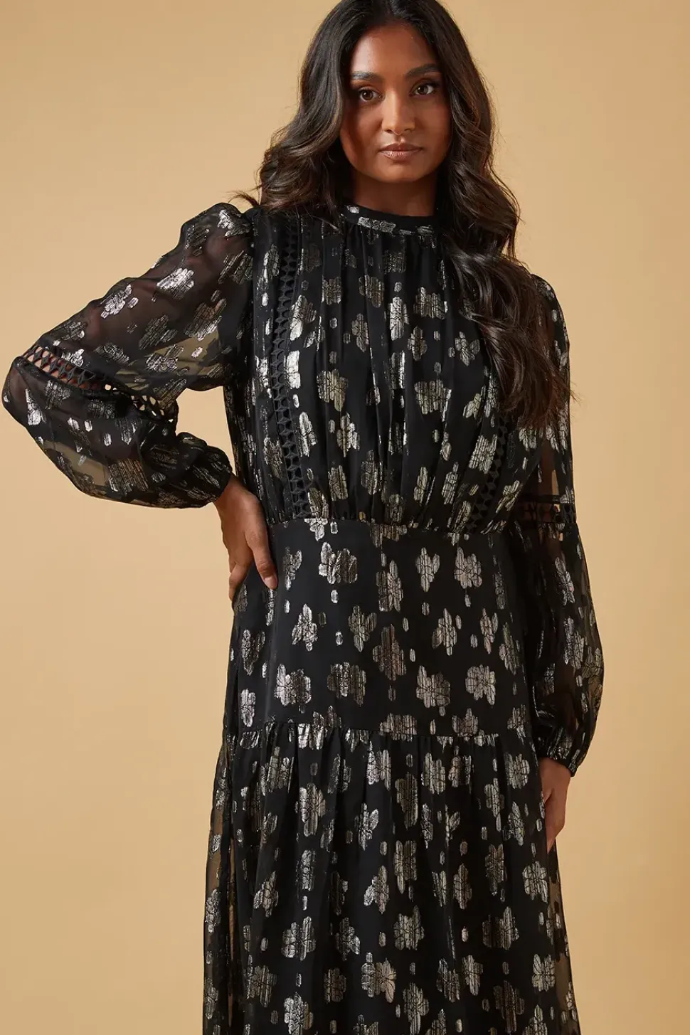 Metallic Jacquard Ladder Insert Midi Dress