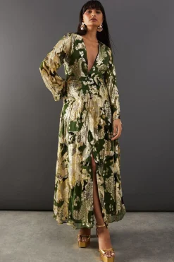 Metallic Jacquard Plunge Neck Midi Dress