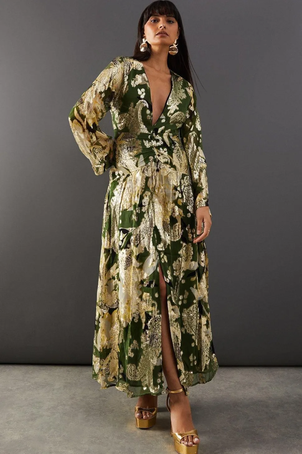 Metallic Jacquard Plunge Neck Midi Dress