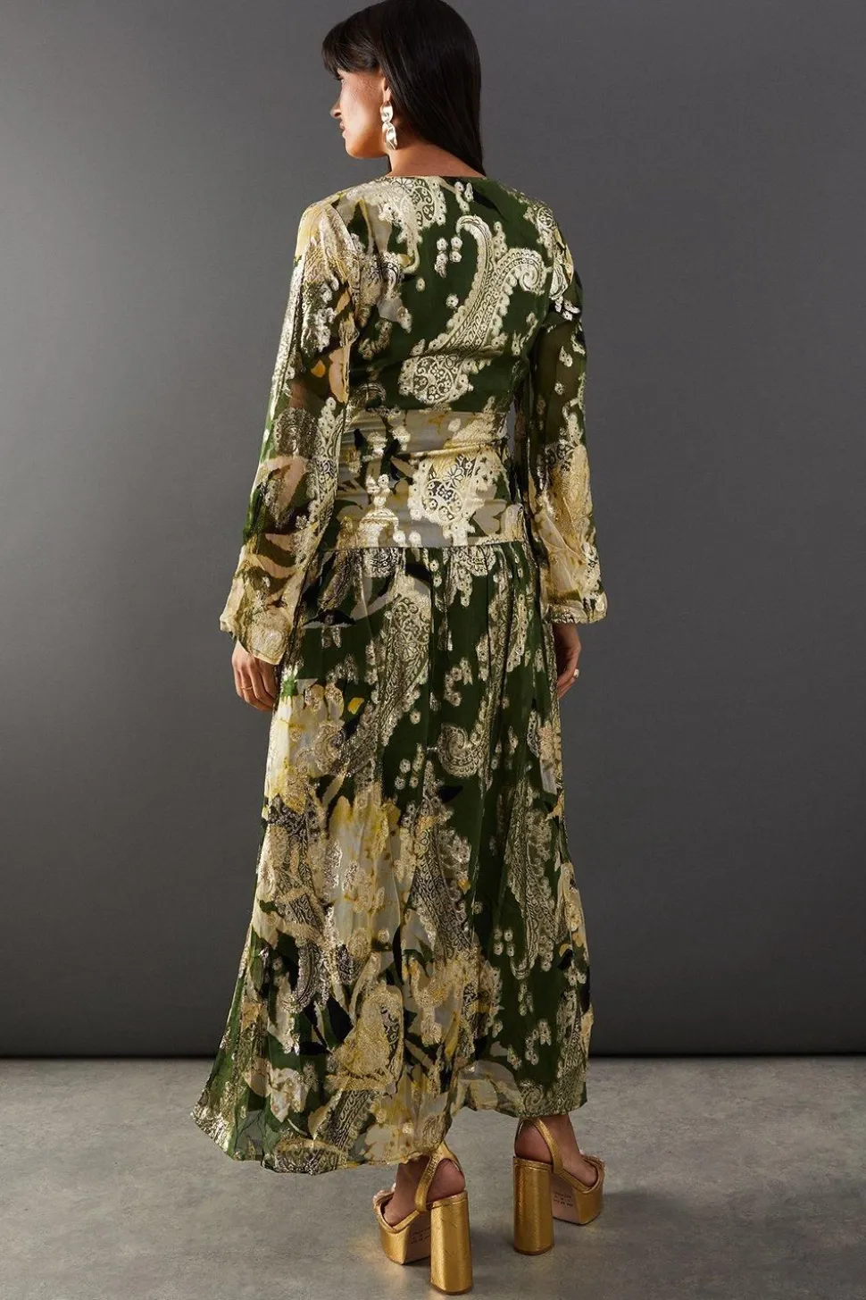 Metallic Jacquard Plunge Neck Midi Dress