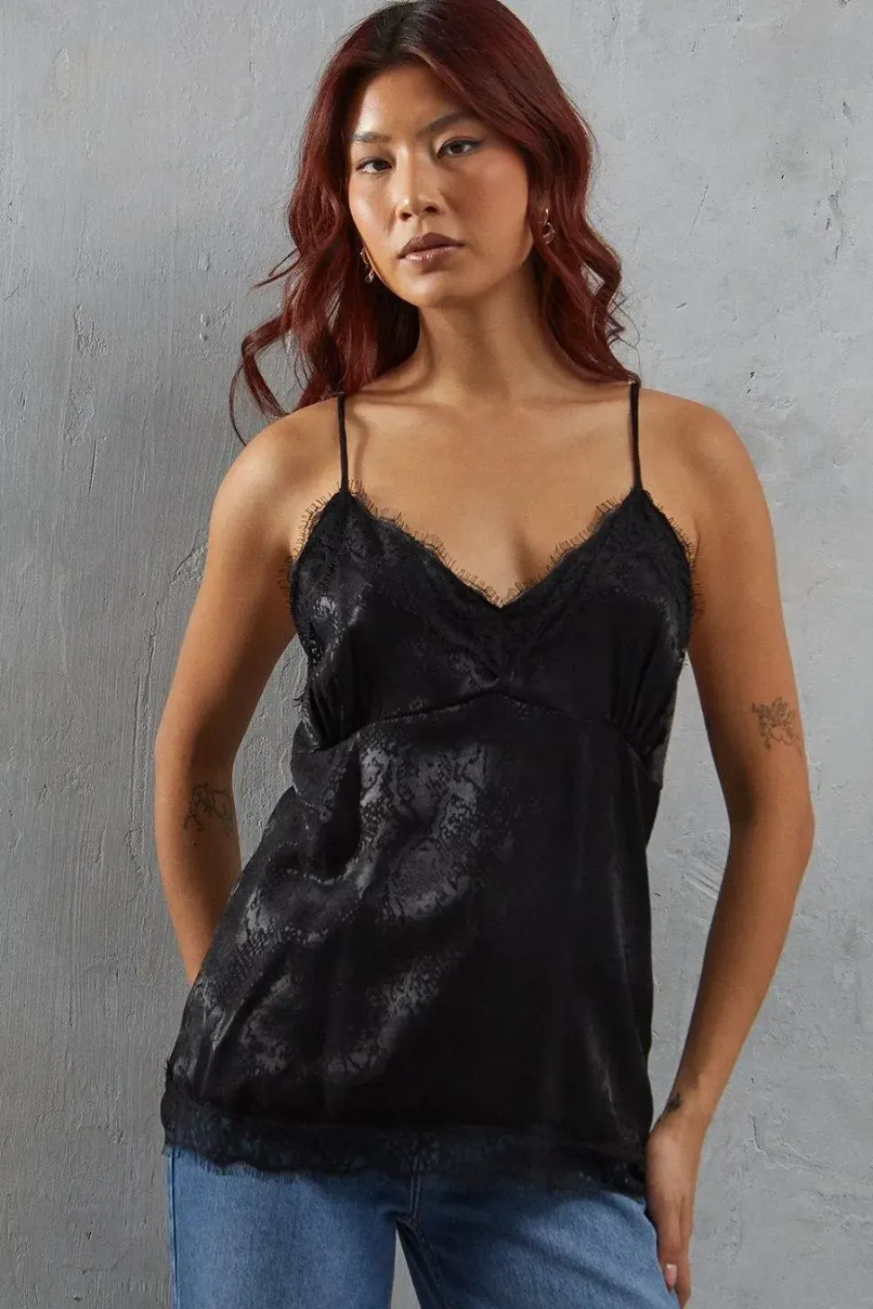 Metallic Jacquard Snake Print Lace Strappy Cami Top