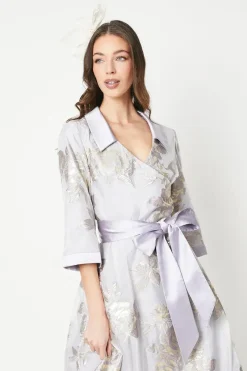 Metallic Jacquard Wrap Midi Dress