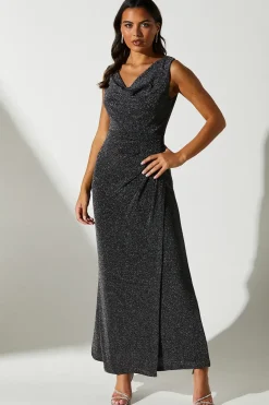 Metallic Jersey Cowl Neck Wrap Skirt Maxi Dress