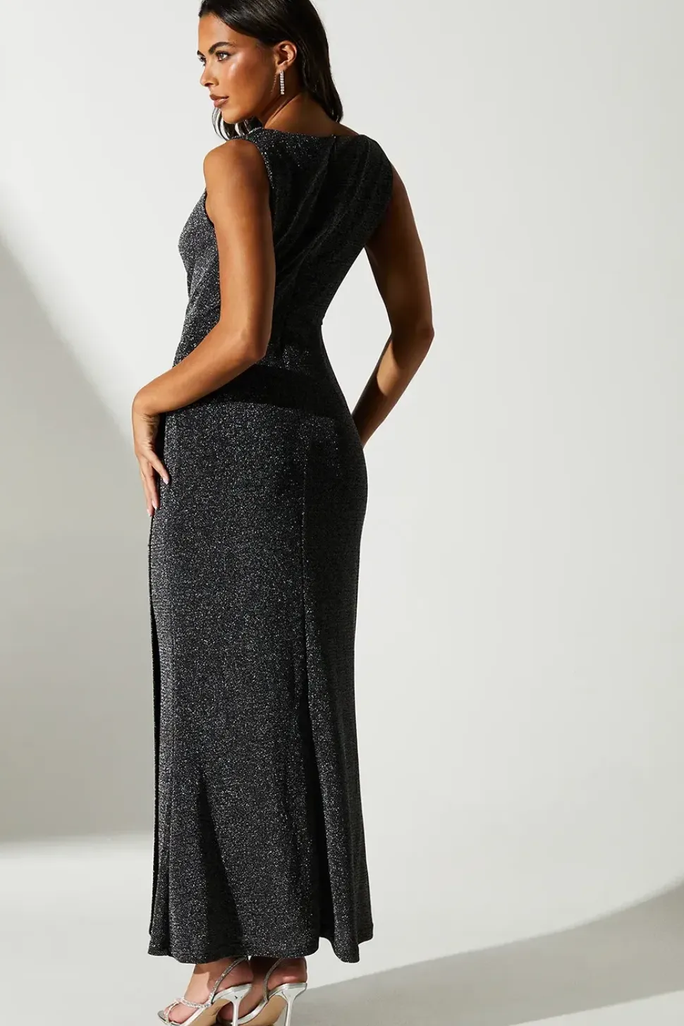Metallic Jersey Cowl Neck Wrap Skirt Maxi Dress