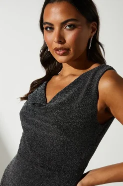 Metallic Jersey Cowl Neck Wrap Skirt Maxi Dress