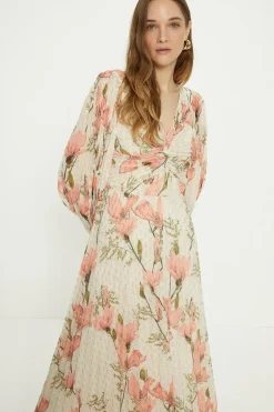 Metallic Magnolia Twist Front Pleated Midi Dress