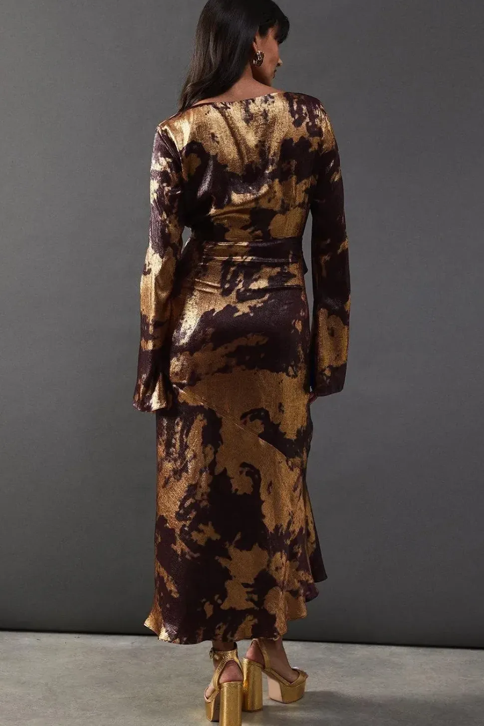 Metallic Marble Twist Front Bias Midi Dress