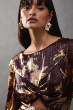 Metallic Marble Twist Front Bias Midi Dress