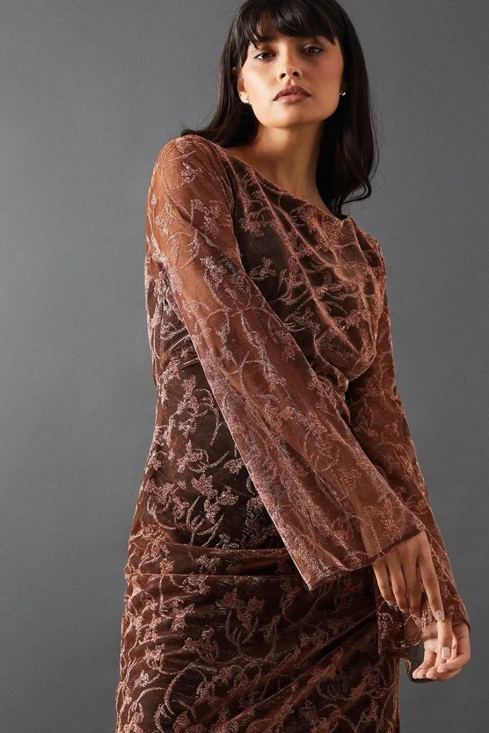Metallic Mesh Ruched Side Midi Dress