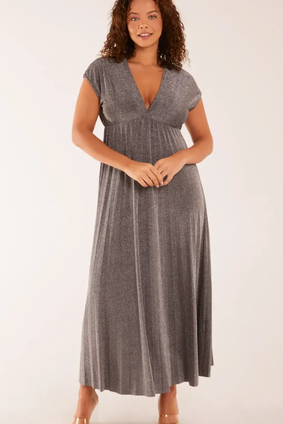 Metallic Pleated Double V Neck Dress