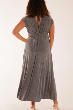 Metallic Pleated Double V Neck Dress