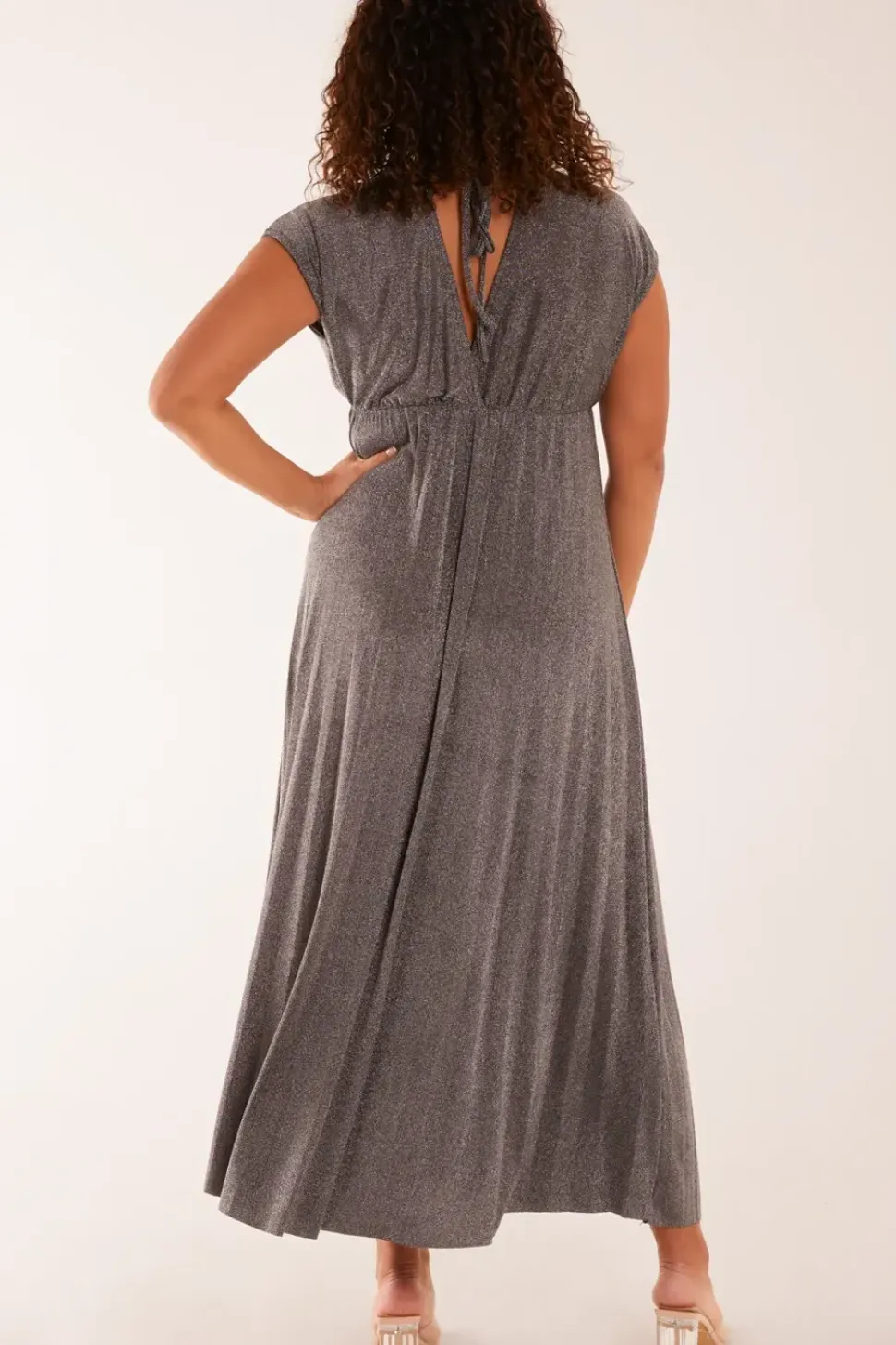 Metallic Pleated Double V Neck Dress