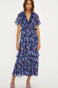 Metallic Pleated Ruffle Printed Midi Dress