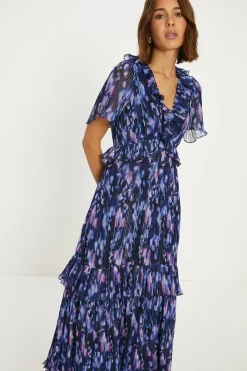 Metallic Pleated Ruffle Printed Midi Dress