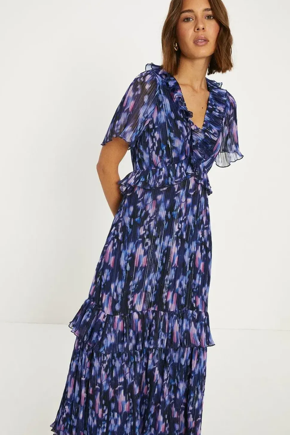 Metallic Pleated Ruffle Printed Midi Dress