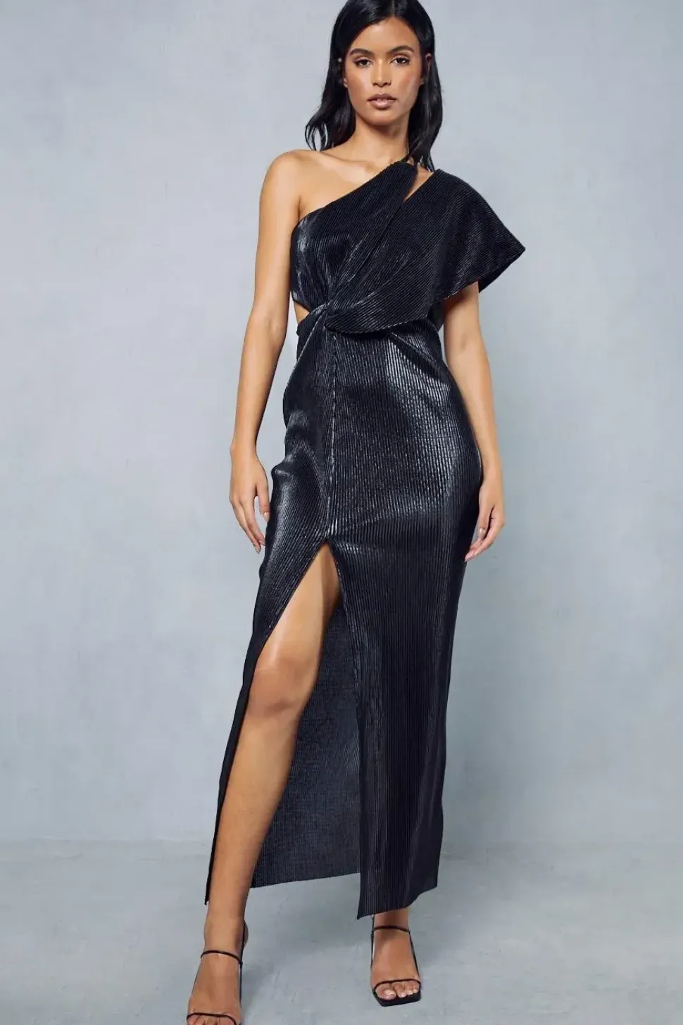 Metallic Plisse Asymmetric Twist One Shoulder Maxi Dress