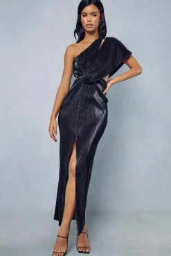Metallic Plisse Asymmetric Twist One Shoulder Maxi Dress