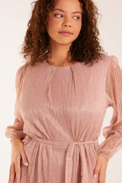 Metallic Plisse Belted Dress
