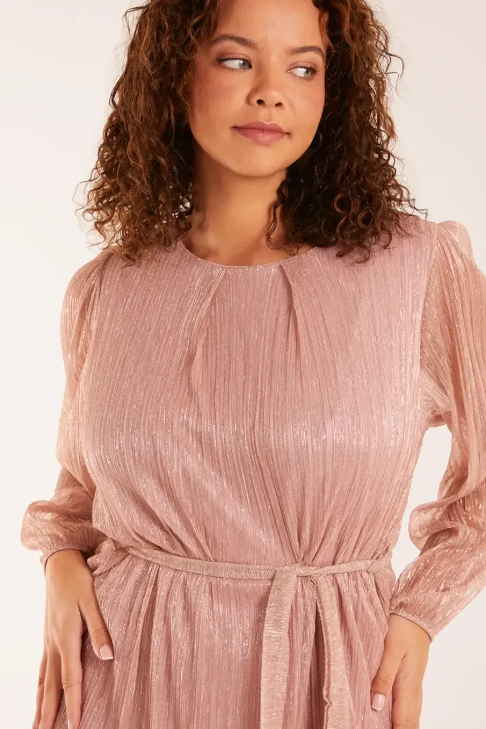 Metallic Plisse Belted Dress