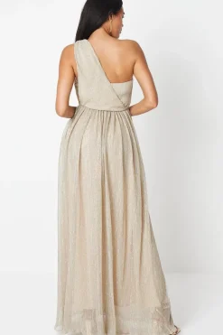 Metallic Plisse Drape Shoulder Maxi Dress