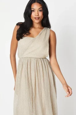 Metallic Plisse Drape Shoulder Maxi Dress