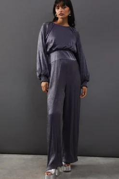 Metallic Plisse Satin Gathered Waist Jumpsuit