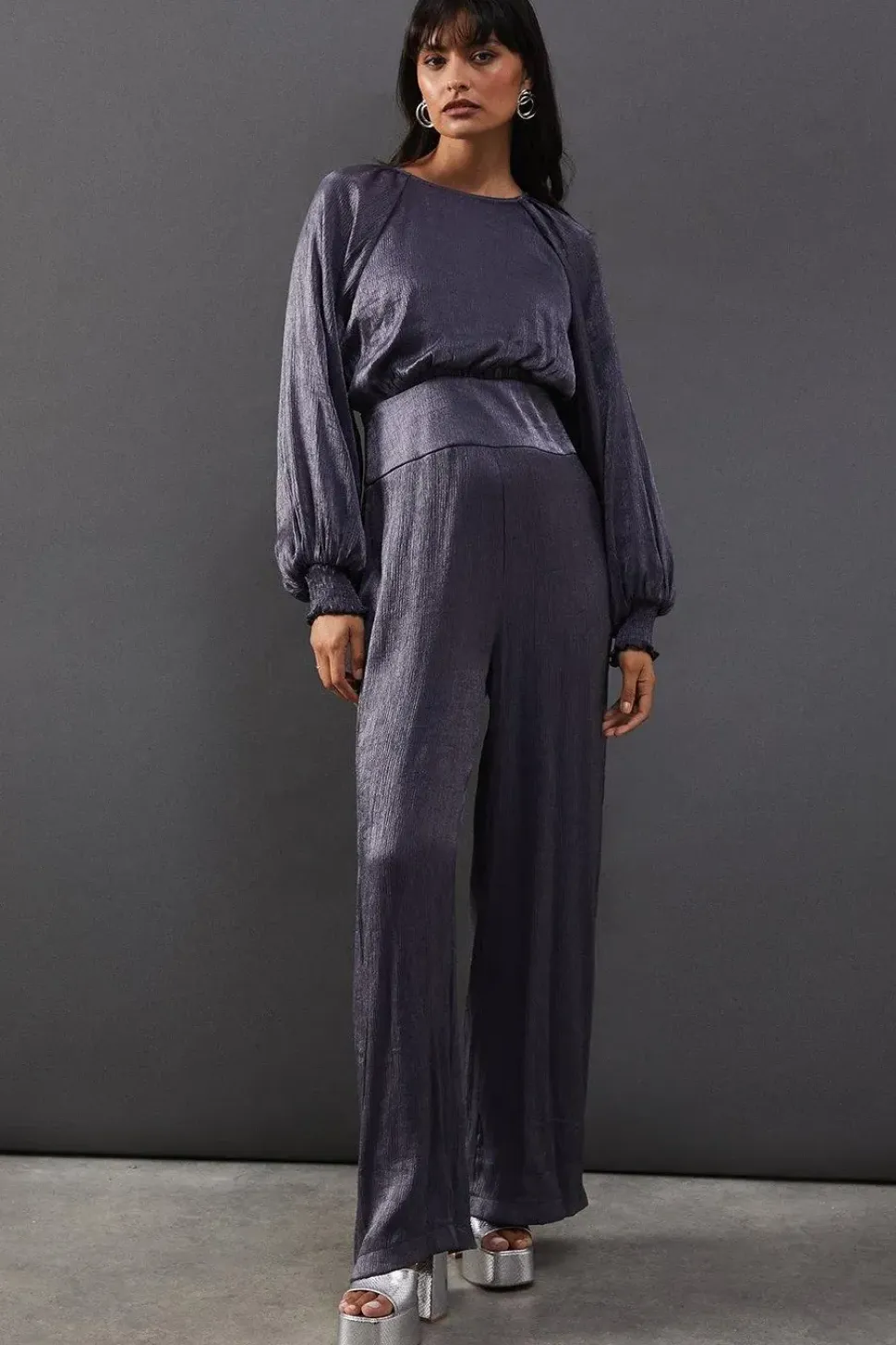 Metallic Plisse Satin Gathered Waist Jumpsuit