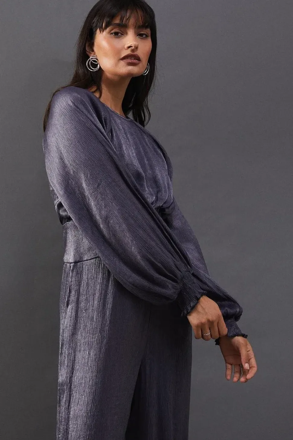 Metallic Plisse Satin Gathered Waist Jumpsuit