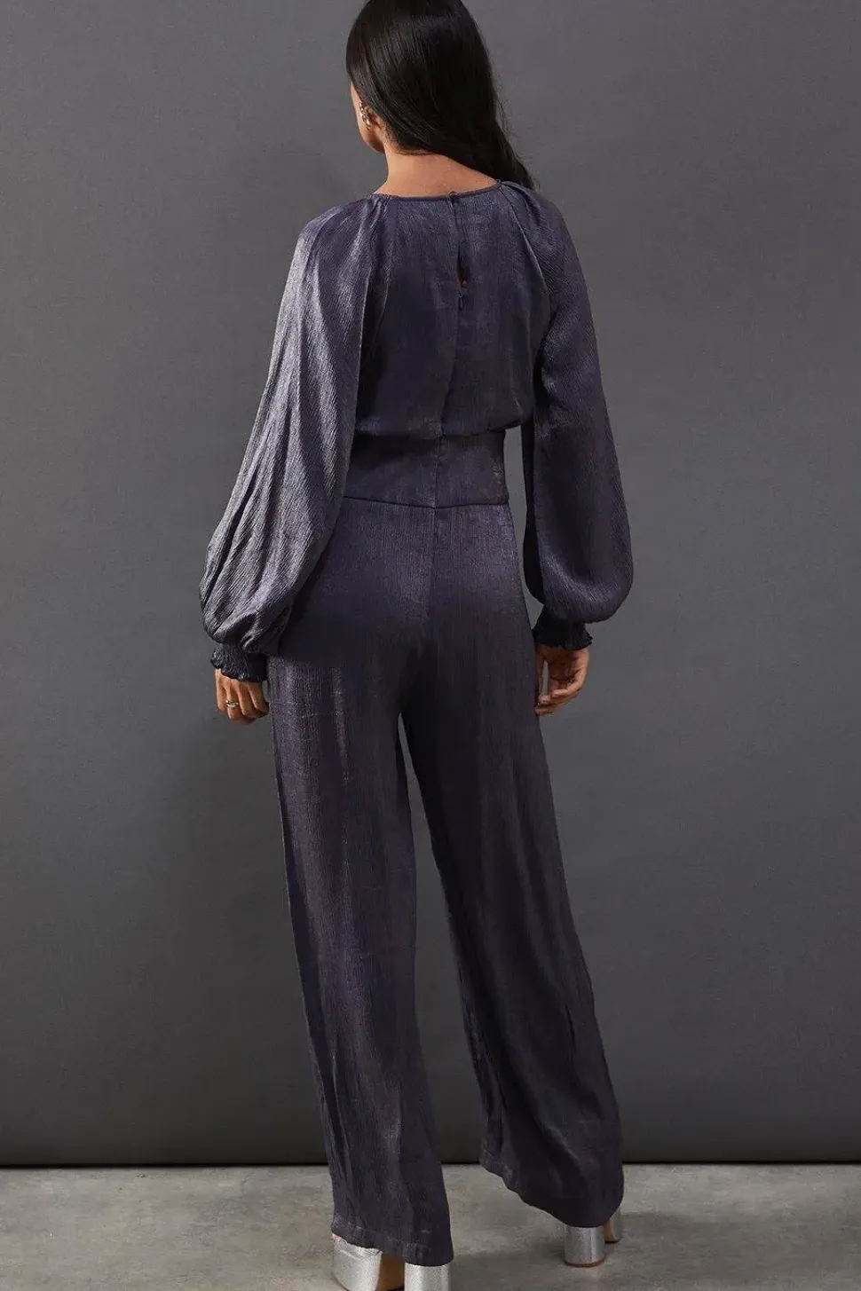 Metallic Plisse Satin Gathered Waist Jumpsuit