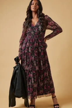Metallic Plisse Shirred Waist Tiered Maxi Dress