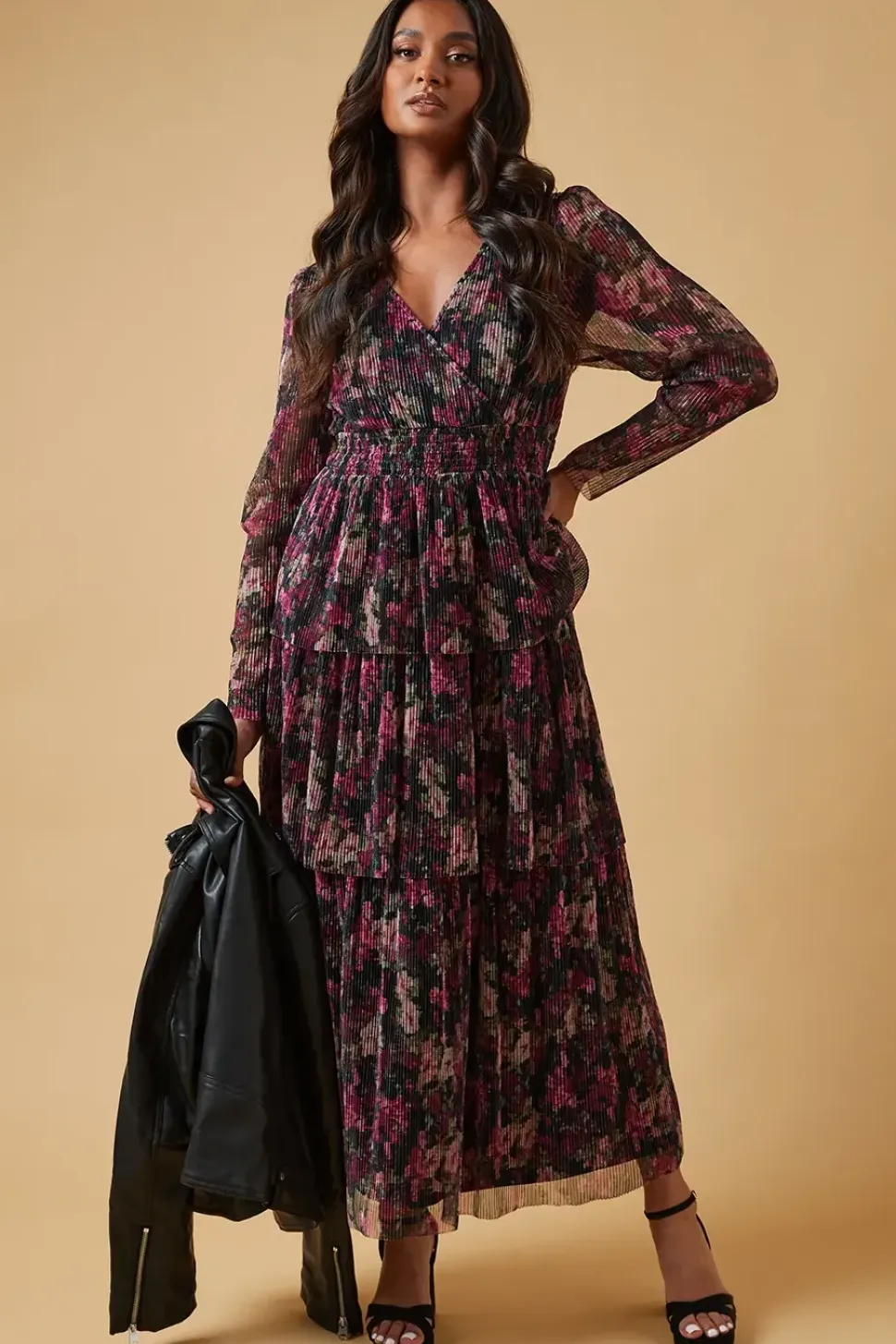 Metallic Plisse Shirred Waist Tiered Maxi Dress