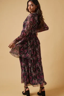 Metallic Plisse Shirred Waist Tiered Maxi Dress