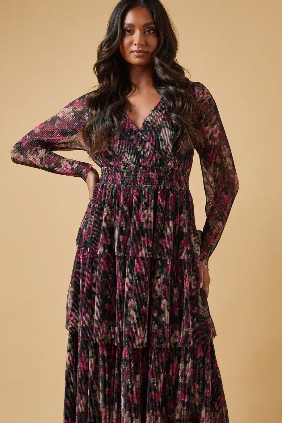Metallic Plisse Shirred Waist Tiered Maxi Dress