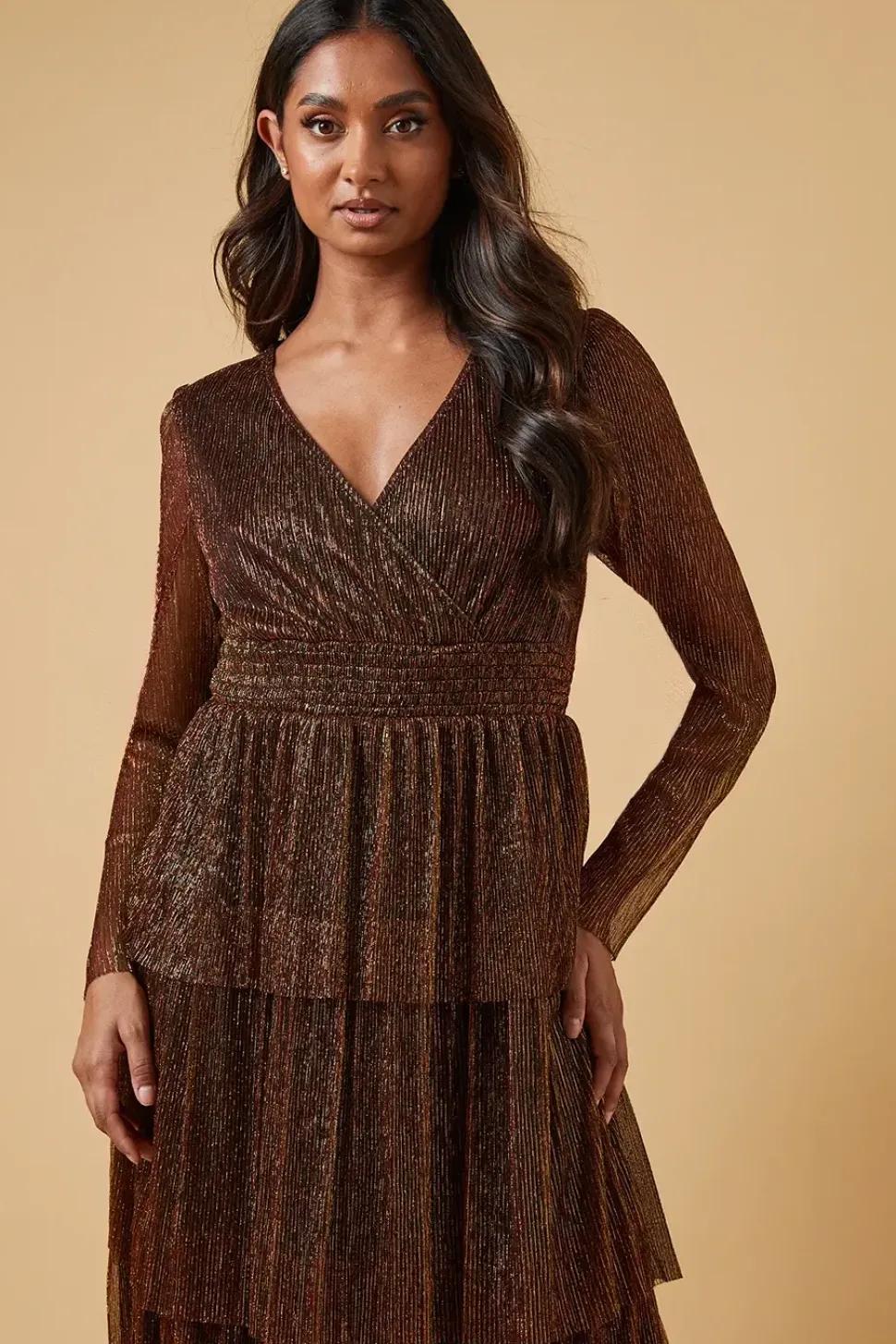 Metallic Plisse Shirred Waist Tiered Maxi Dress