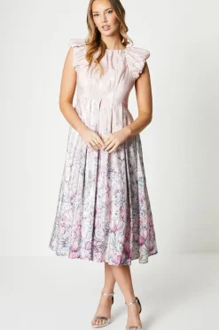 Metallic Puff Shoulder Midi Dress