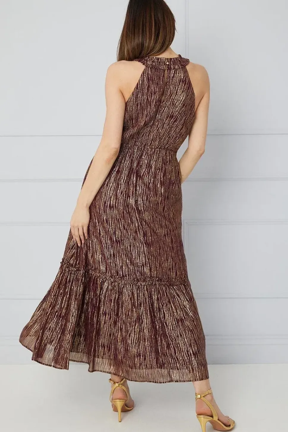 Metallic Ruffle Halterneck Midaxi Dress