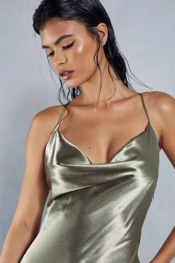 Metallic Satin Cowl Neck Neck Split Leg Maxi Dress