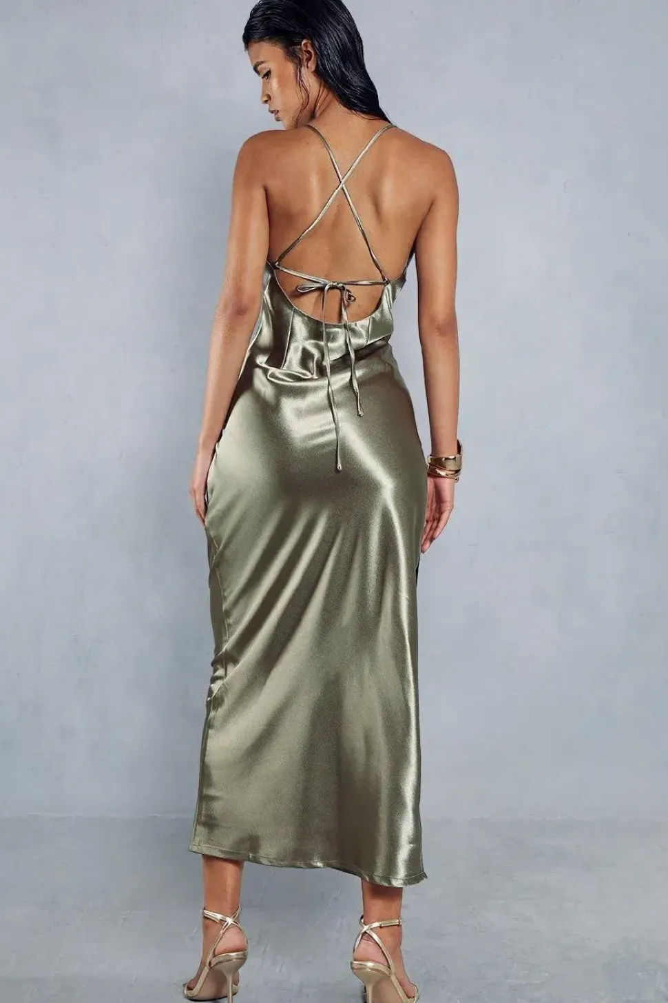 Metallic Satin Cowl Neck Neck Split Leg Maxi Dress