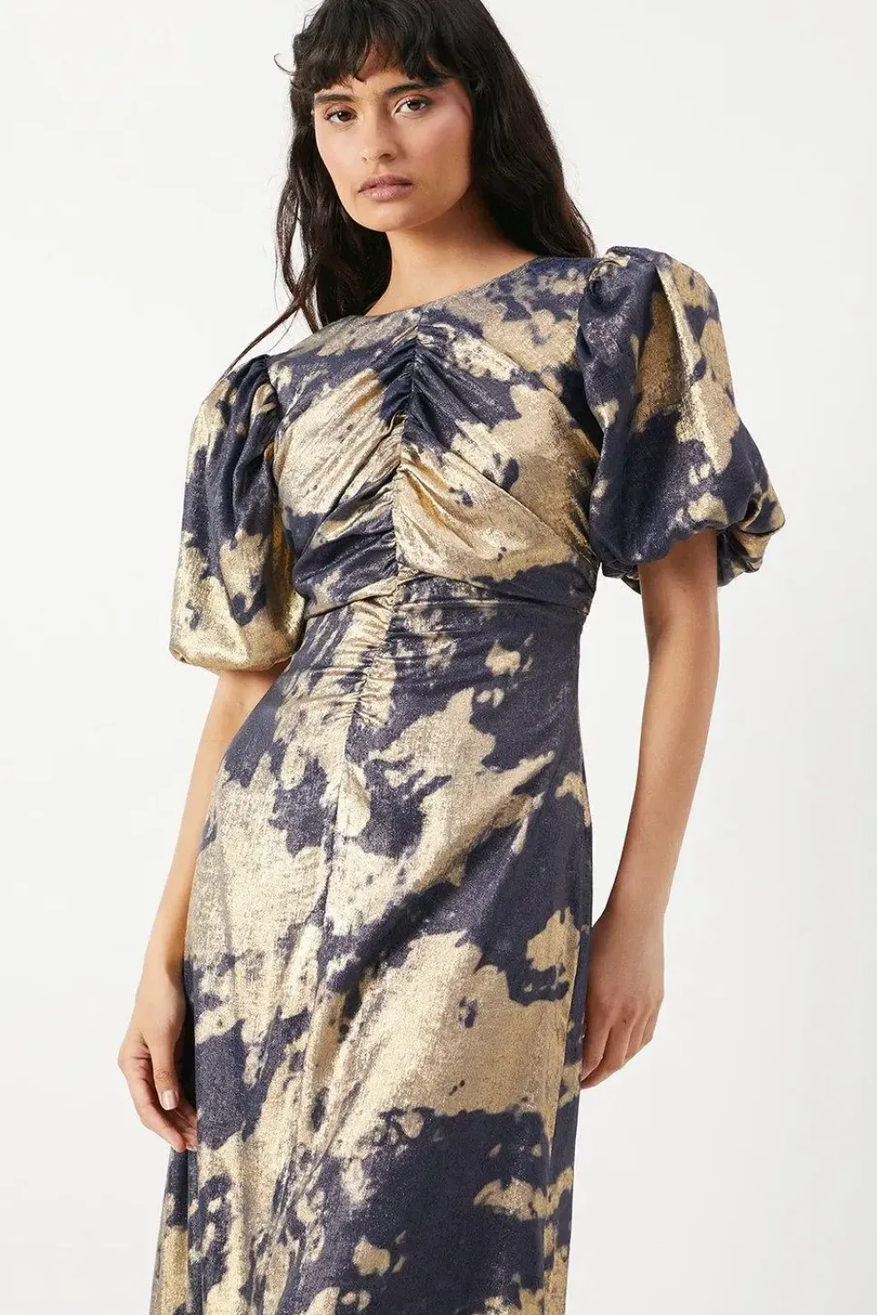 Metallic Satin Ruched Front Puff Sleeve Midi Dress