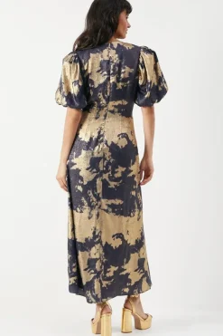 Metallic Satin Ruched Front Puff Sleeve Midi Dress