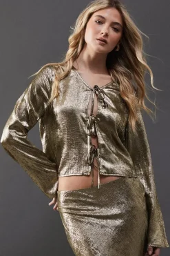 Metallic Satin Tie Front Top