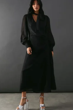 Metallic Shadow Stripe Tie Neck Button Side Wrap Midi Dress
