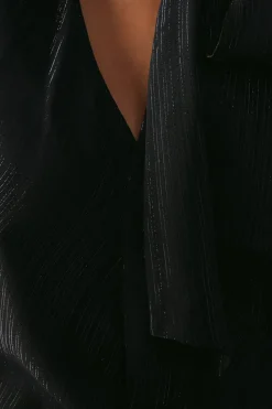 Metallic Shadow Stripe Tie Neck Button Side Wrap Midi Dress